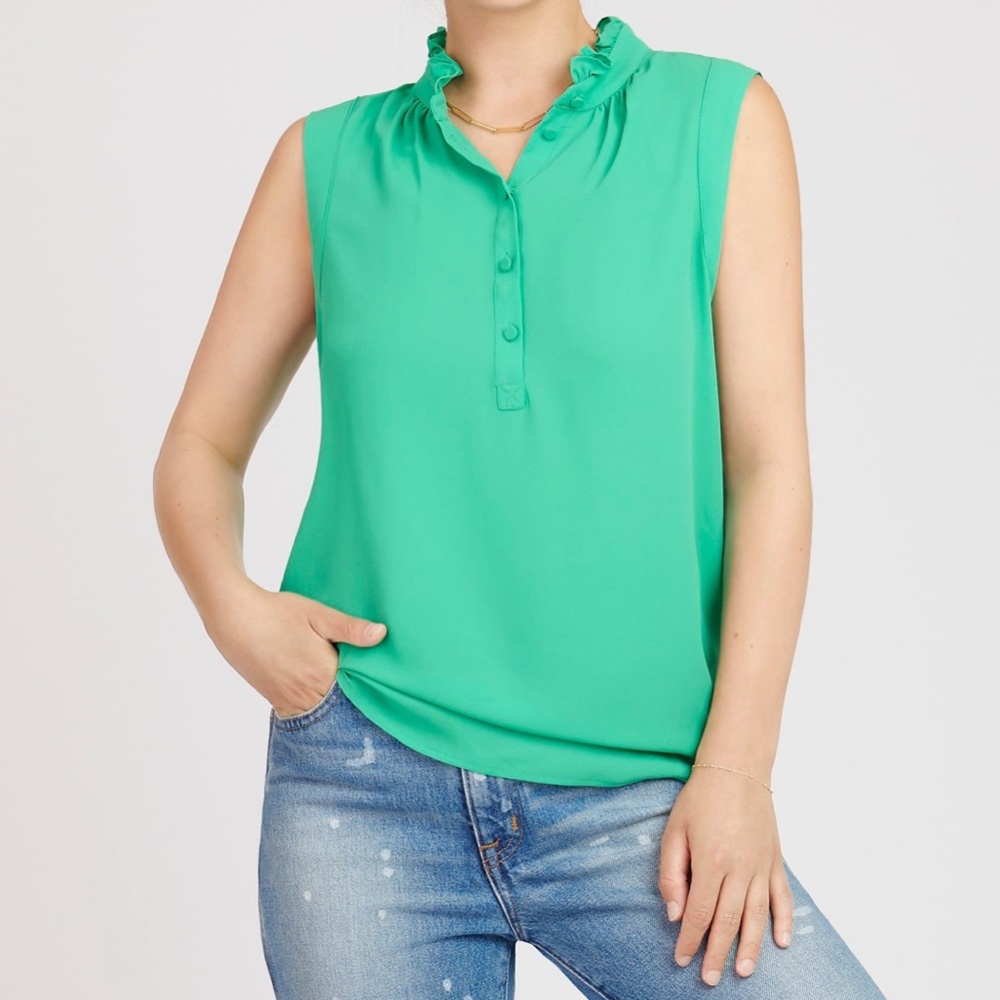 Jcrew Green Ruffle Neck Sleeveless Blouse Small